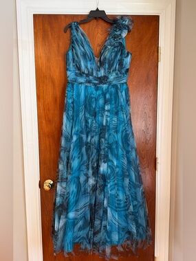 Marfil Barcelona Plus Teal Blue Floral-Print Formal Tulle Gown with V-Neck